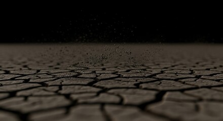 Obraz premium Arid landscape showcasing cracked earth and scattered particles against dark setting