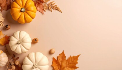 Autumn harvest celebration seasonal pumpkins and leaves on a soft beige background nature still life warm cozy environment top-down view