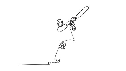 Animated self drawing of continuous line draw man cricket athlete with sports bat hitting ball for professional match, competition. Male person with gear and helmet. Full length single line animation - Powered by Adobe