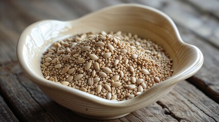 Healthy Grain Bowl: A close-up shot reveals a beautifully arranged bowl of assorted grains, offering a vibrant display of texture and natural colors on a rustic wooden surface.