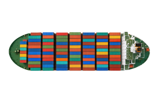Aerial View of a Cargo Ship Deck Laden with Multicolored Shipping Containers in a Grid Formation