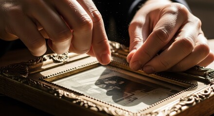 Fototapeta premium Hands carefully handling and dusting an antique gilded picture frame with memories