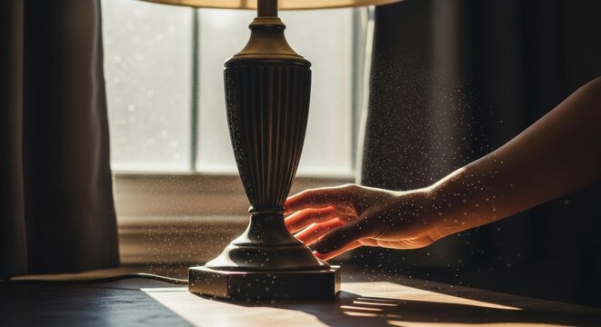 Illuminated moments hand reaches for lamp in dust-filled sunlit room evoking nostalgia