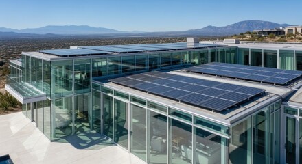 Fototapeta premium Modern energy efficient building with solar panels overlooking expansive landscape and clear sky