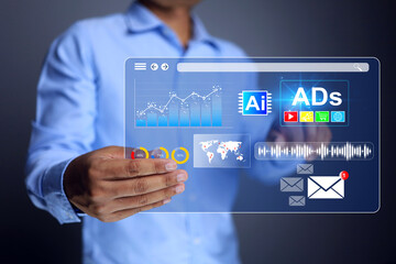 Digital marketing advertisement concept with businessman monitoring on virtual dashboard interface to promote the website and products on digital platform to reach the global worldwide customer target