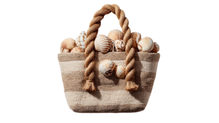 Coastal-themed beach bag with rope handle and shells, top view isolated on a Transparent background, PNG file.