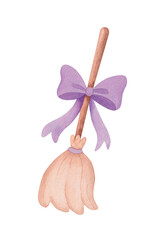 Cartoon halloween witch broom with bow. Devices for cleaning the territory from dust, leaves and debris. Watercolor hand drawn illustration.