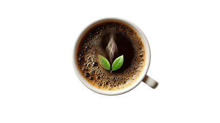 Coffee cup logo with steam forming a leaf icon, viewed from above on white isolated on a Transparent background, PNG file.