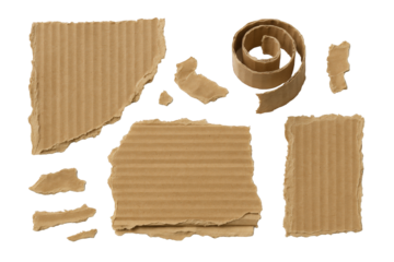 Collection of Torn Corrugated Cardboard Pieces and Rolled Paper Strips Isolated on Black