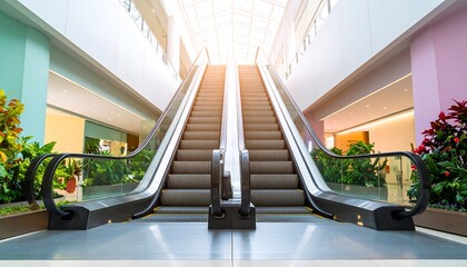Symmetrical view of modern escalators ascending towards a bright sunlit atrium in a contemporary building