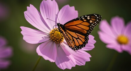 Fototapeta premium A Sun-kissed Monarch Butterfly Rests on a Delicate Pink Cosmos Flower