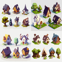 Digital collection of colorful, low-poly houses and trees, arranged in an isometric grid.  The scene is well-lit and shows a variety of designs.