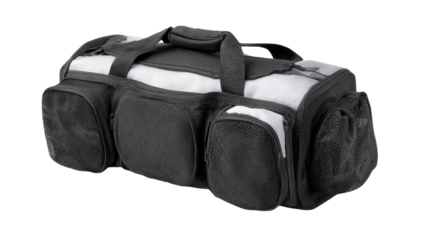 Compact fitness bag with side mesh pockets, background isolated on a Transparent background, PNG file.