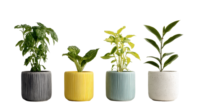 Compact desk plants in stylish pots arranged side by side isolated on a Transparent background, PNG file.