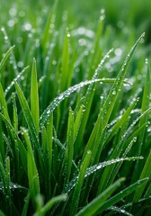 Obraz premium Close-up of Fresh Green Grass Blades Covered in Dew Drops