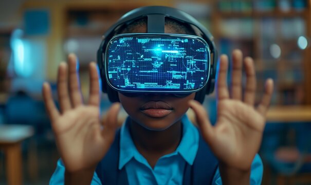 African school student with a VR headset using AI technology and machine learning. Interactive technology in the classroom. Innovation and smart tech with AI blue hologram education, Generative AI - Powered by Adobe