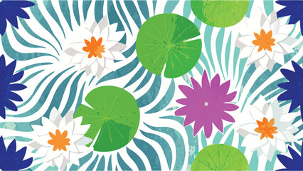 Floral pattern with water lilies, lily pads, and abstract wavy background in blue and white colors