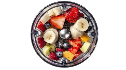 Compact smoothie blender top view with fruit pieces inside isolated on a Transparent background, PNG file.