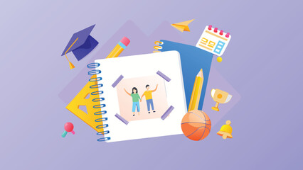 Illustration of school supplies including a notebook with a photo and graduation cap design theme