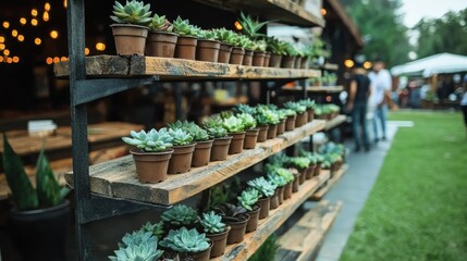 A wooden shelf with potted succulents.