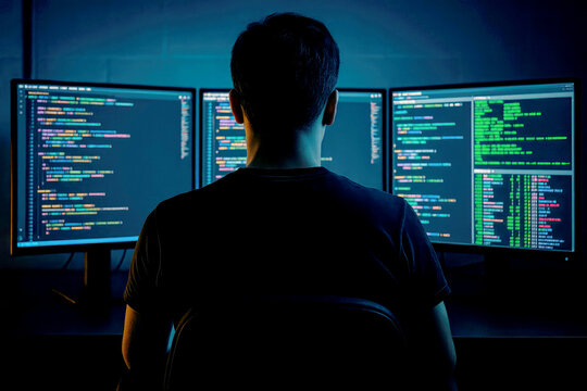 Senior programmer works late at night on multiple computer screens displaying complex code, focused on software development and troubleshooting tasks