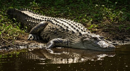 Naklejka premium Sunlit Armored Crocodile Resting on a Muddy Bank, Reflected in Dark Water