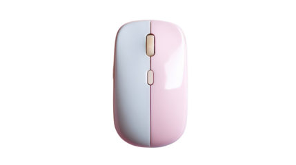Compact wireless mouse in pastel color top view, stylish gadget concept isolated on a Transparent background, PNG file.