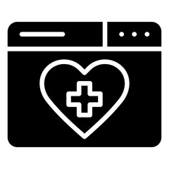 Medical Website Glyph Black Silhouette Icon Design Vector - Browser window with heart and medical cross, indicating an online health portal or medical site