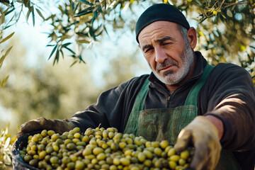 Generative AI image of fresh olive oil being poured over harvested olives during traditional oil production