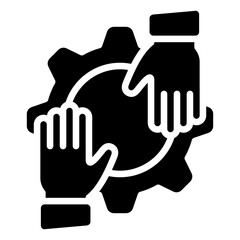 Team Collaboration Glyph Black Silhouette Icon Design Vector - Two hands in gear formation representing teamwork and inclusive cooperation