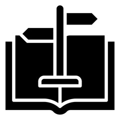 Guided Values Glyph Black Silhouette Icon Design Vector - Open book with direction sign symbolizing guidance through shared values and moral direction within a team or organization