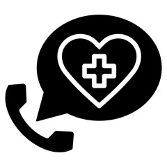 Health Call Glyph Black Silhouette Icon Design Vector - Telephone with a health speech bubble, indicating medical support or hotline for assistance
