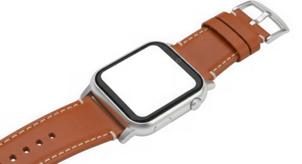 Smartwatch with a brown leather strap showing a blank white screen for mockup purposes in a studio setting isolated on transparent background