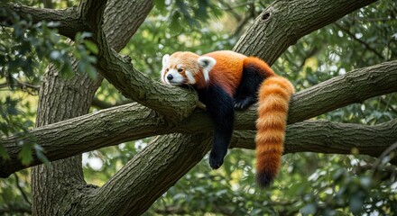 Adorable Red Panda Resting Peacefully on a Mossy Tree Branch Amidst Lush Green Foliage