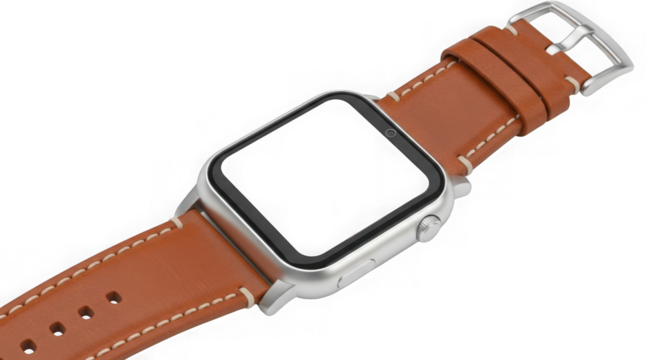 Smartwatch with a brown leather strap showing a blank white screen for mockup purposes in a studio setting isolated on transparent background
