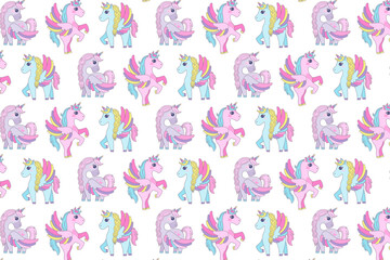 Adorable vector illustration pattern featuring colorful unicorns with wings in various playful poses. Perfect for children s designs, wallpapers, and creative projects