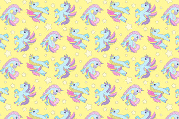 Charming vector illustration of whimsical unicorns with flowing manes and vibrant wings, set against a light yellow background with scattered stars, perfect for children s designs