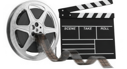 Film reel and clapperboard representing the movie making process for entertainment and video production isolated on transparent background