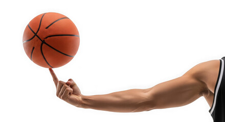 A muscular arm spins a basketball on one finger in a demonstration of athletic ability and ball handling skill for sport isolated on transparent background