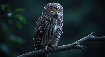 Majestic Owl with Glowing Eyes Perched on a Gnarled Branch in the Dark Forest