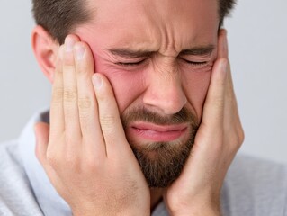 Fototapeta premium Close-up of a man with his eyes closed, hands on his face, showing discomfort and pain, from toothache or headache.