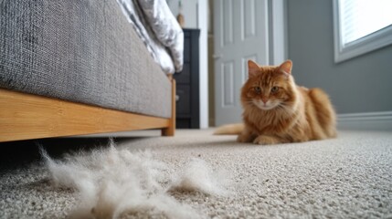 A ginger cat sits on a carpet near a clump of shed fur, under a bed frame, in a bedroom setting with a door and a window.