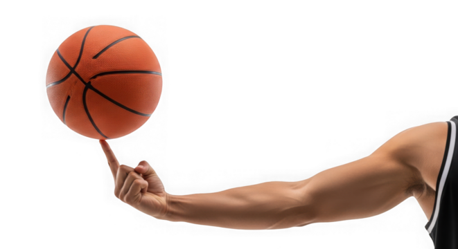 A muscular arm spins a basketball on one finger in a demonstration of athletic ability and ball handling skill for sport isolated on transparent background