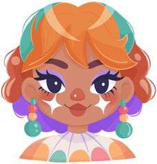 Cheerful cartoon character with colorful hair and accessories.