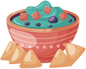 Colorful bowl of dessert with triangular snacks on the side.