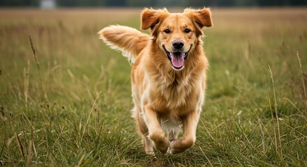 Pure Joy in Motion: A Happy Golden Retriever Bounds Through a Grassy Field