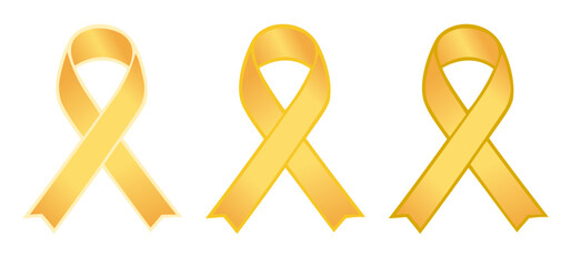 Set of three yellow color awareness ribbons representing bone and bladder cancer, suicide prevention and other awareness campaigns and events, flat vector on transparent background