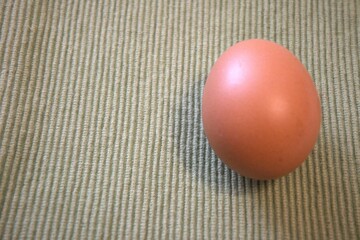 One brown chicken egg placed on green textile fabric, shown in a close-up with room for text. Natural, minimal style.