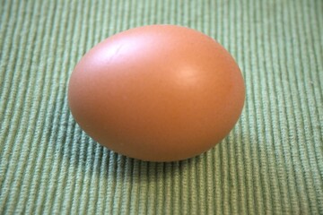 One brown chicken egg placed on green textile fabric, shown in a close-up with room for text. Natural, minimal style.