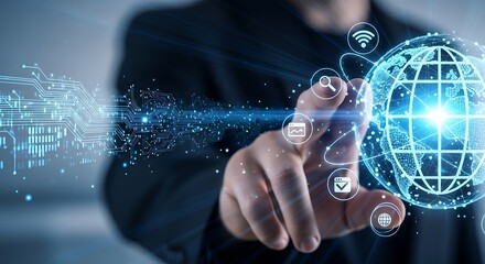 A close-up of a hand interacting with a futuristic interface displaying a digital globe and network icons, symbolizing global connectivity.